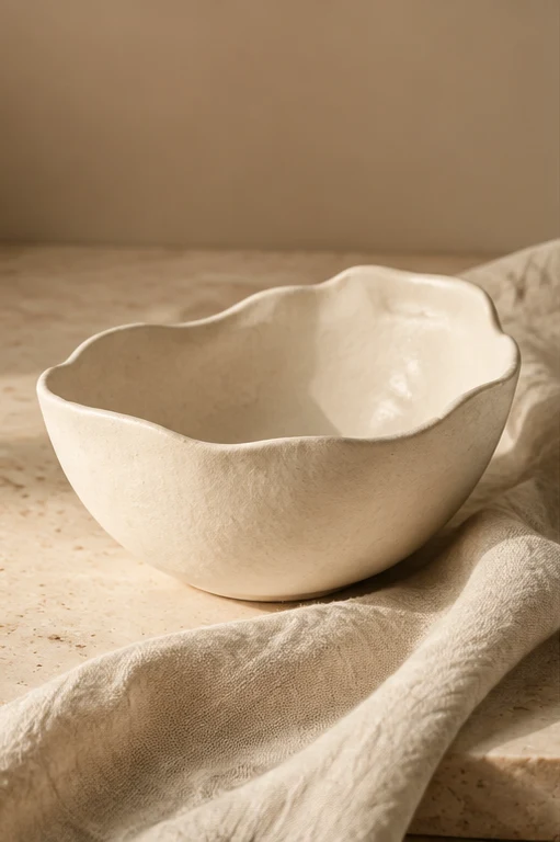 Concept: an ivory bowl resting on natural linen