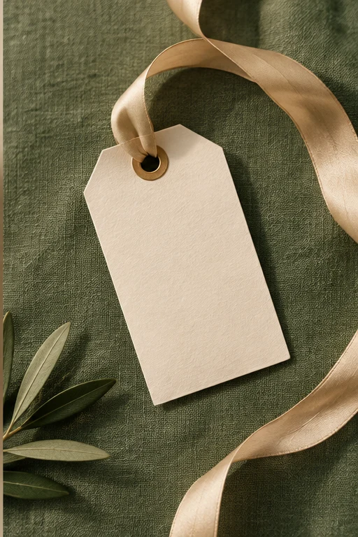 Concept: a cream gift tag and champagne ribbon on green fabric