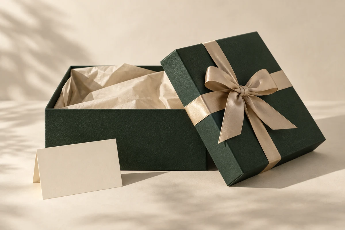 Packaging concept: an open forest-green gift box with champagne ribbon, beige tissue and a cream card